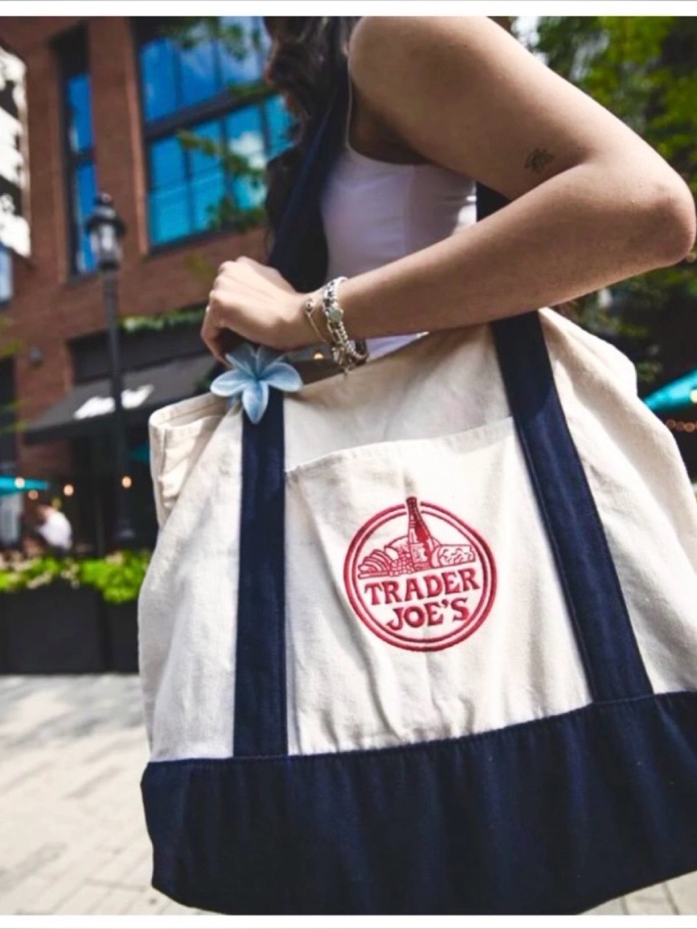 Trader Joe's Large Canvas Tote Reusable Bag 20x14x6" Blue/White NWT